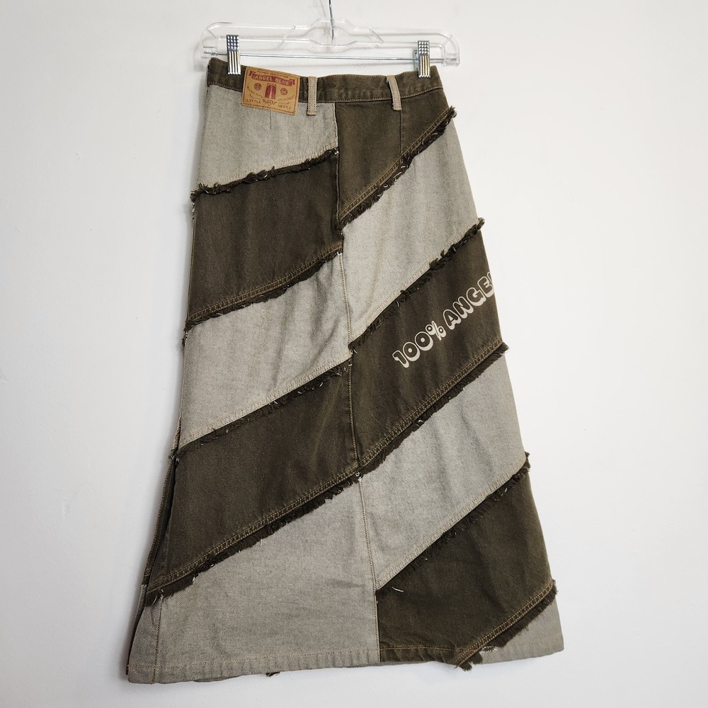 Rare Angel Blue Y2K Patchwork Denim‎ Maxi Skirt Raw Hem Japanese Harajuku 24 XS - Picture 15 of 16
